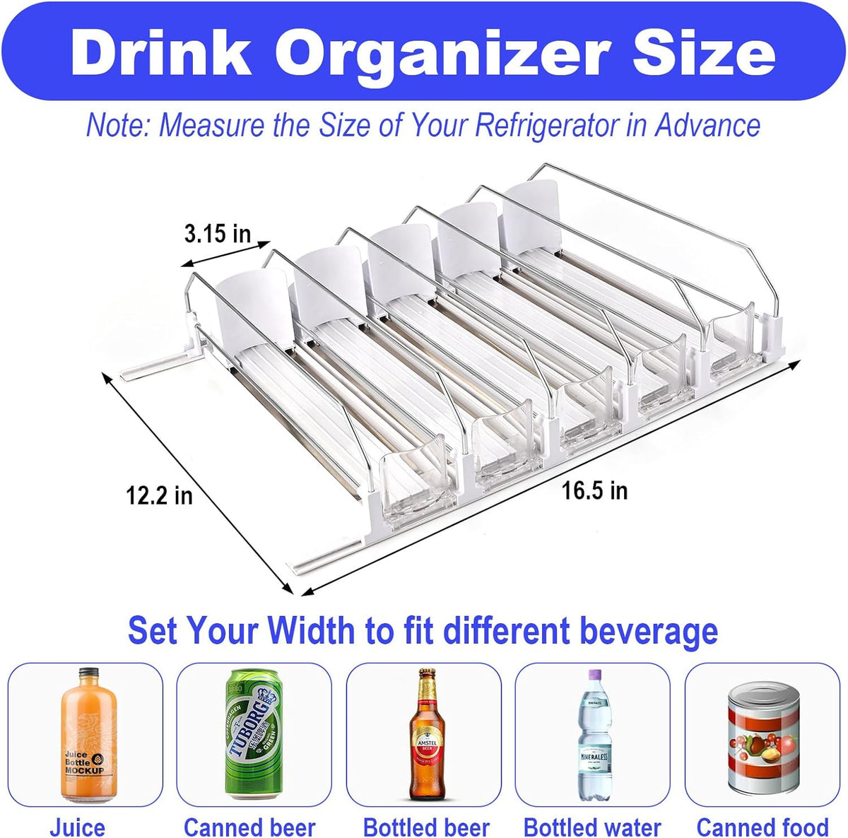 Drink Organizer for Fridge (Adjustable Width), 16.5” D Soda Can Fridge Drink Organizer, Refrigerator Beverage Organizers and Storage, Drink Dispenser Pop Can Holders for Fridge (5 Rows)