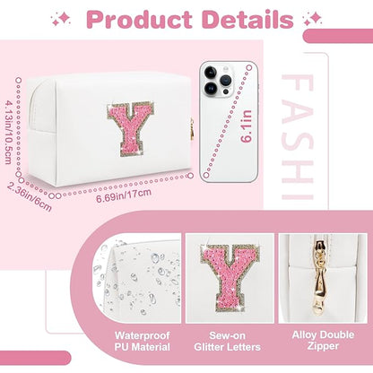Small Initial Patch Makeup Bag Personalized Gifts Make Up Bag,White Cute PU Leather Glitter Letter Cosmetic Bag with Zipper,Trendy Portable Travel Toiletry Pouch,Preppy Stuff for Teen Girls Women Y