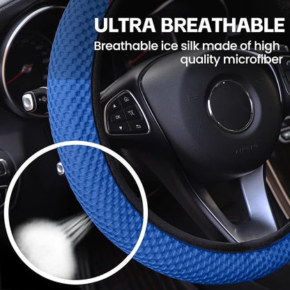 Elastic Stretch Car Steering Wheel Cover, Comfortable Steering Wheel Cover Universal for 14.5-15 Inch, Warm in Winter & Cool in Summer, Anti-Slip Breathable Ice Silk (Blue)