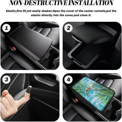 Dreaweet Tropical Leaf Print Car Armrest Cover Sea Turtle Car Accessories Center Console Cover with Pockets,Soft Arm Rest Cover for Car SUV Truck Sedan Van