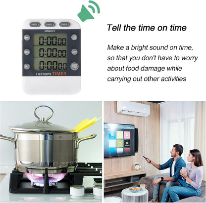 Photect 2-Piece Digital Dual Kitchen Timer, 3 Channels, Count UP/Down, Cooking Timer with Magnetic Back, Loud Alarm, Large Display, Countdown Hour Meter for Cooking, Classroom, Kids, Teacher, Study