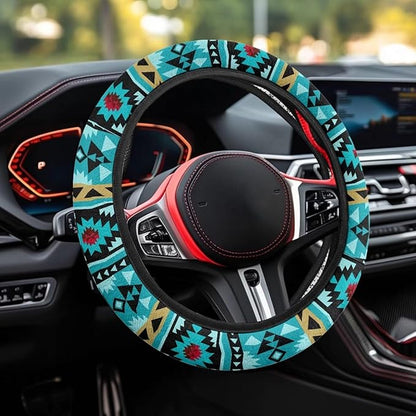 SEANATIVE Universal Steering Wheel Cover, Easy to Disassemble, Non-Slip Soft Steering Wheel Cover, Blue Aztec Print Auto Decor Accessiores