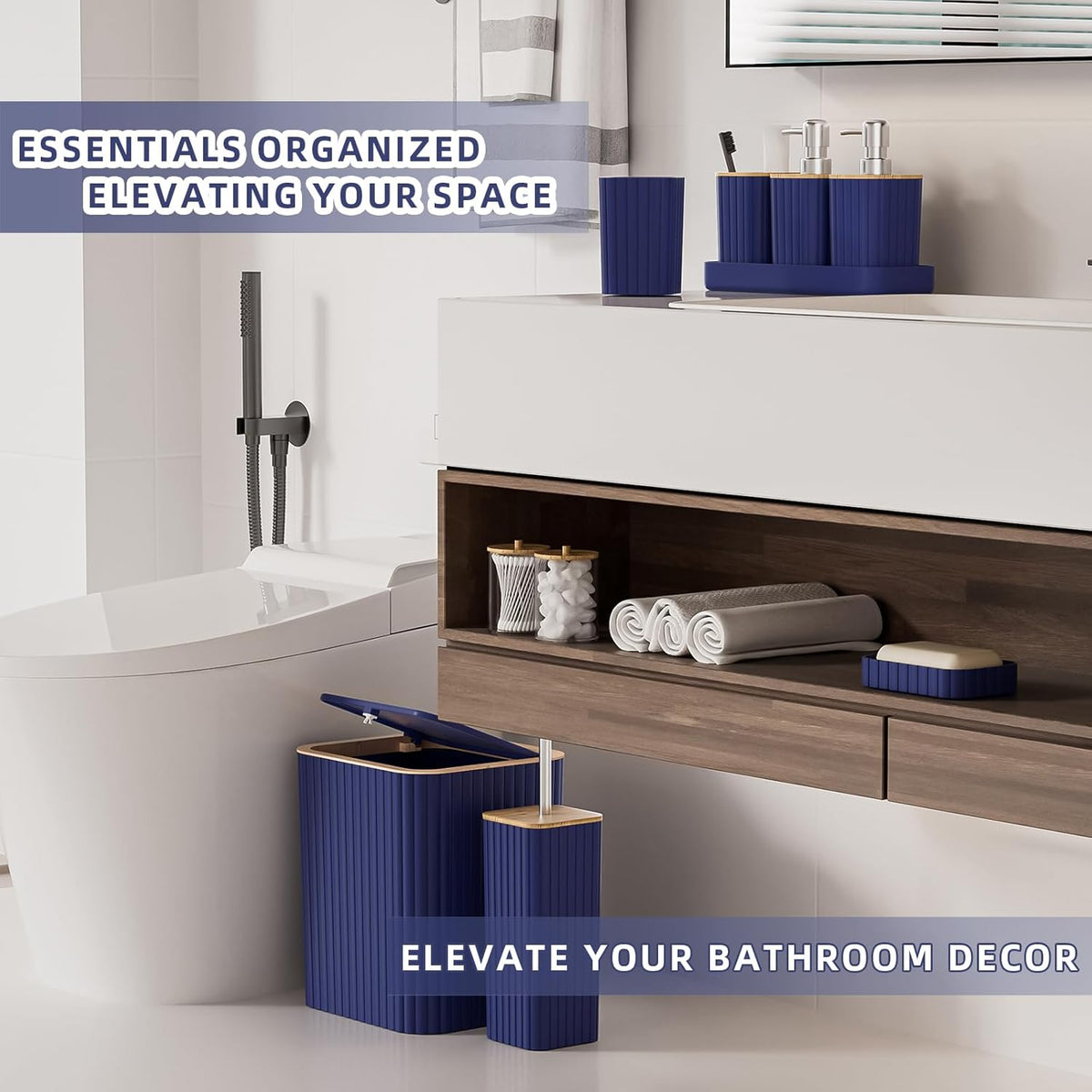 Bathroom Accessories Set - Elegant Blue Bathroom Set, 10PC Bathroom Accessory Set, Toilet Brush, Trash Can, Qtip Holder Dispenser & Soap Dispenser