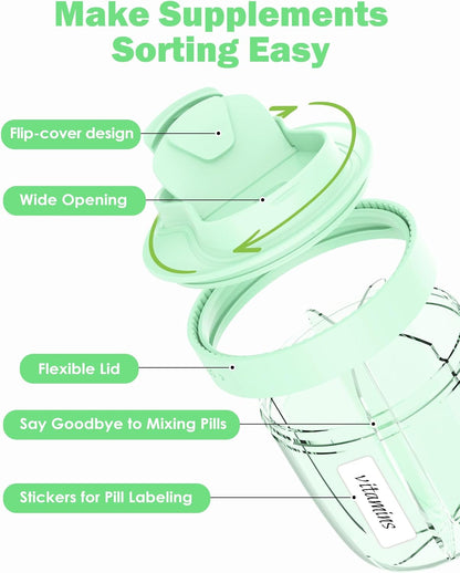 Cute Pill Organizer,Pill Dispenser with 7 Large Compartments,Portable Pill Bottle Box with Wide Opening for Easy Use, Anti-Mix Pills Organizer for Travel,Includes 20 Pcs Sticky Labels（Green）