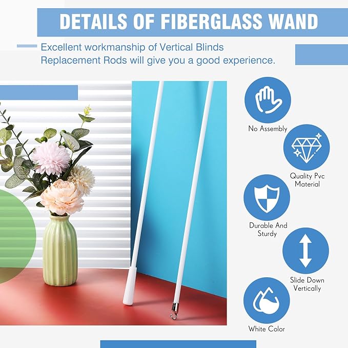 Bokon 2 Pieces White Fiberglass Blind Wand Vertical Blinds Stick Replacement