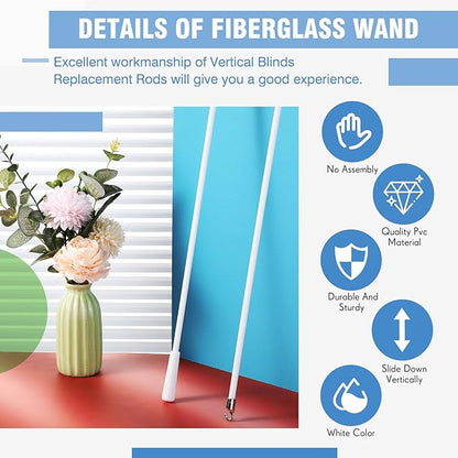 Bokon 2 Pieces White Fiberglass Blind Wand Vertical Blinds Stick Replacement