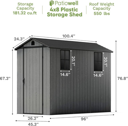 Patiowell 4 x 8 FT Plastic Outdoor Storage Shed with Floor, Garden Tool Shed with Two Windows and Single Lockable Door for Garden, Backyard, Lawn, Easy to Install (Dark Grey) (Fit-it Shed)