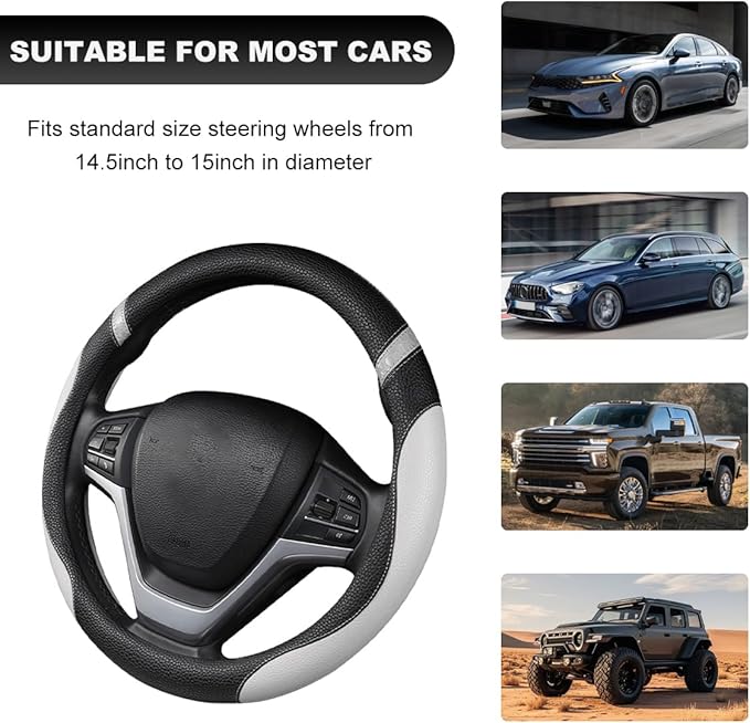Car Steering Wheel Cover, 15 Inch Premium Leather Breathable Non-Slip Wheels Wrap, Universal Auto Comfortable Steering Wheel Protector for SUV Truck Van, Car Accessories (Gray)