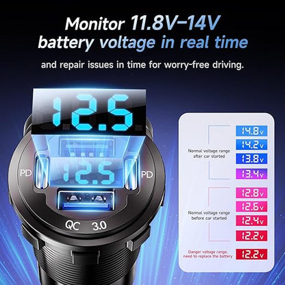 12V USB Charger with 4 Ports, Upgraded Aluminum Alloy Car Outlet with LED Voltmeter Display, for 12/24V Car Golf Cart Boat Marine Bus Truck RV Marine Motorcycle etc. (1PC)