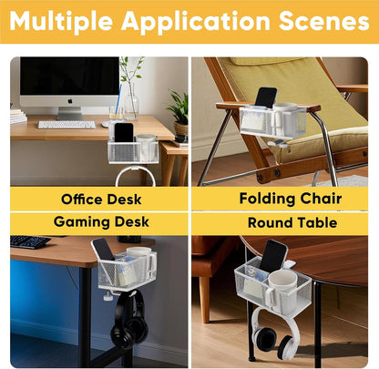 4 in 1 Metal Clip On Cup Holder Attachment for Gaming Desk or Table, Sturdy and Easy to Clamp, Attachable Anti-Spill Cup Holder for Salon Chair, Bedside, Water Bottles, Drinks, Headphones - White