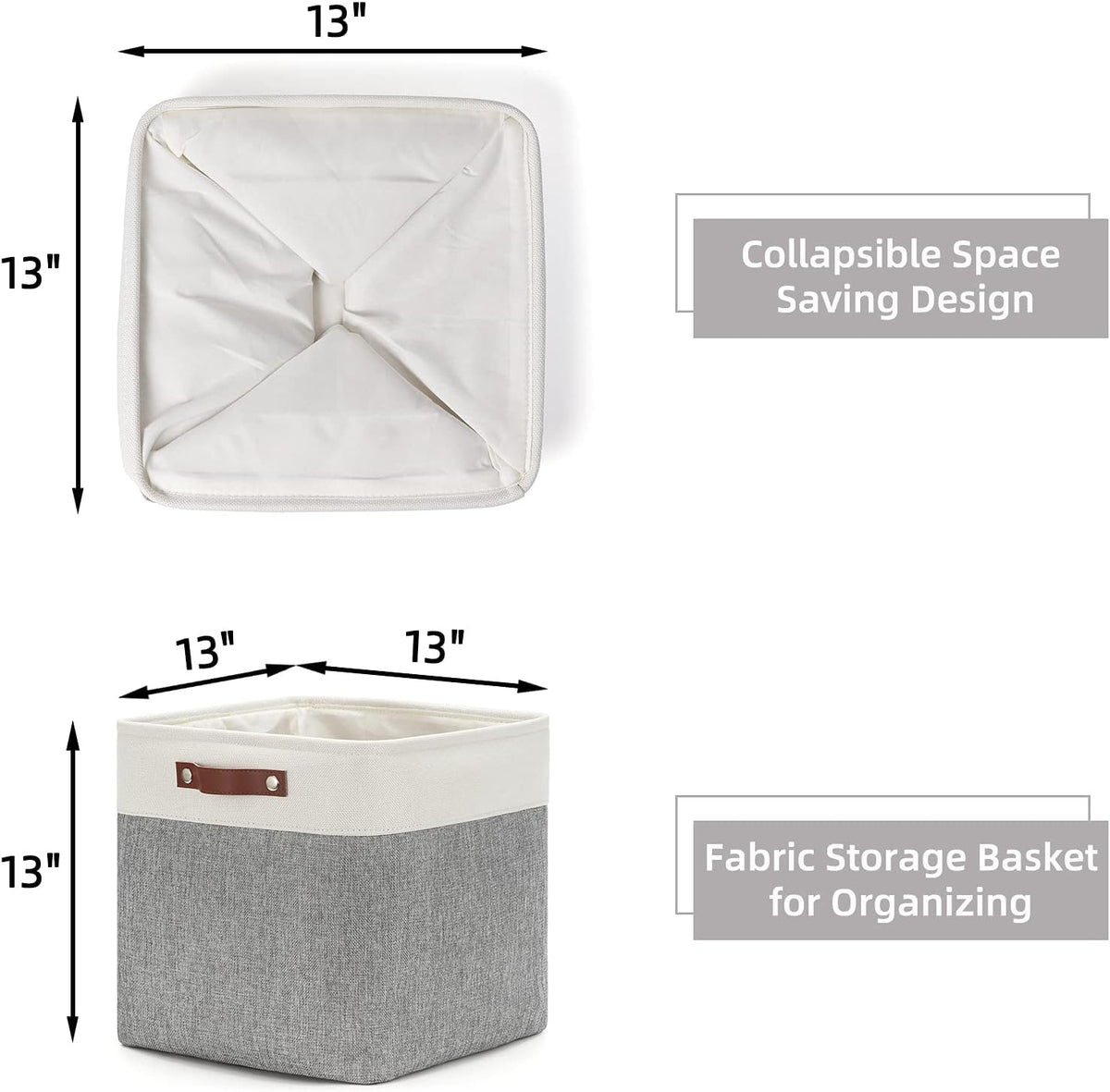 HNZIGE Storage Foldable Storage Baskets Cubes Set(3 Pack) Fabric Bins for Shelves,13 Inch Storage Basket for Organizing with Leather Handles for Home, Toys, Clothes,Closet Storage(White&Gray)