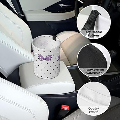 Cute White Dots Purple Bow Car Trash Can Garbage Cans Foldable,Small Hanging Car Organizer Storage Bag Leak Proof, Auto Back Seat Trash Bin Universal for Truck, SUV, Outdoor Travel