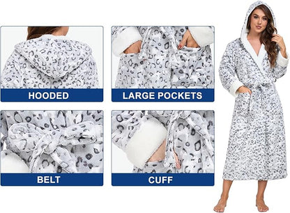 RONGTAI Womens Plush Fleece Hooded Bathrobe, Thick Nightgown Long Robe Sleepwear with Two Side Pockets and Belt