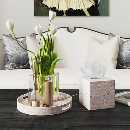 PEMAR Handcrafted Wooden Tissue Box Cover for Small Cube Tissue Boxes Only (Max Inner Size 4.7”) – Mother of Pearl Inlay Decorative Tissue Holder for Bathroom, Living Room & Office (Milano)