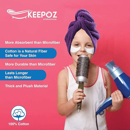 KEEPOZ Hair Towel Wrap Quick Dry 100% Cotton Super Absorbent Turban Head Wrap for Women with Button, Non Microfiber Anti Frizz Hair Products, Hair Cap for Curly, Long Hair (Purple Check, 2 Pcs)