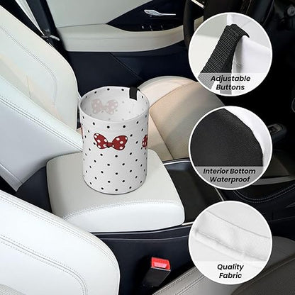 Cute White Polka Dots Red Bow Car Trash Can Garbage Cans Foldable,Small Hanging Car Organizer Storage Bag Leak Proof, Auto Back Seat Trash Bin Universal for Truck, SUV, Outdoor Travel