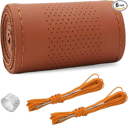 Ziciner Genuine Leather Steering Wheel Cover, Stitch on Wrap, Breathable Anti-Slip Car Steering Wheel Protector for Max Diameter 15 Inch, DIY Sewing with Needles Thread (Brown, Middle Hole)