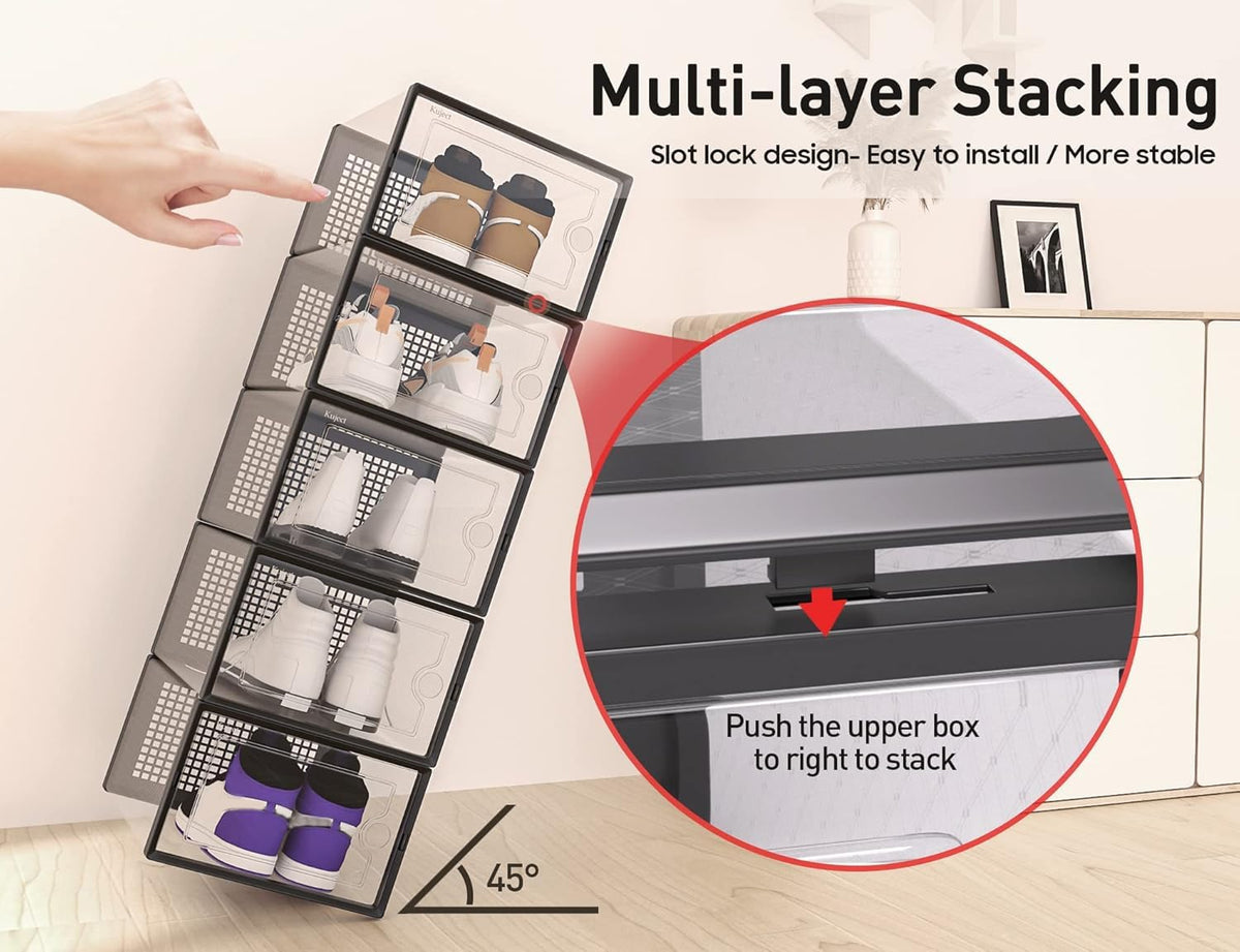 Kuject XX-Large Shoe Storage Boxes Organizers Clear Plastic Stackable 12 Pack, Shoe Rack & Holder Substitute, Sneaker Containers, Toy Storage Organizer Bins for Entryway, Closet, Under Bed, Black