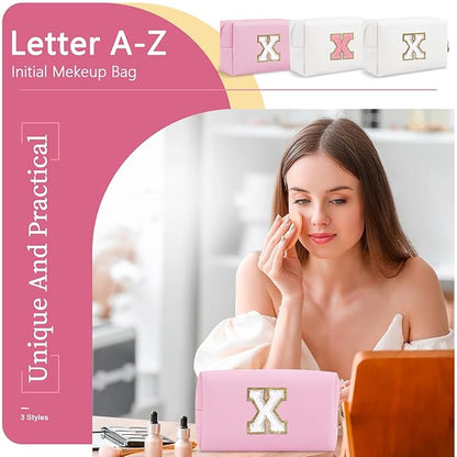 Personalized Initial A-Z Preppy Patch Makeup Bag,Small PU Chenille Letter Cosmetic Bag with Zipper for Teen Girls,Pink Cute Toiletry Organizer Bag,Monogram Makeup Case Gift for Women Girls,Letter X
