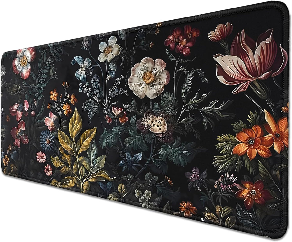 Vintage Aesthetic Mouse Pad,Extended Flower Plant Black Mousepad Desk Pad with Stitched Edges,Non-Slip Waterproof Rubber Base Mouse Mat for Office Computer Keyboard Laptop Home(27.5x11.8 in)