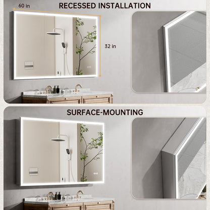 60"x32" Medicine Cabinet Mirror, LED Lighted Medicine Cabinet with Electrical Outlet＆USB, Anti-Fog, 3 Colors Temperature Stepless Dimmable, Aluminum Cabinet for Storage and Mordern Decor