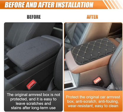 Leather Center Console Cover for Cars, Waterproof Arm Rest Box Protective Cover Car Center Console Cushion Pad, Universal Middle Console Armrest Pad Cover for Most Vehicles (Black/Beige)