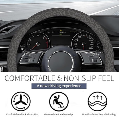 Steering Wheel Covers for Car, Truck, and SUV, Cute Non-Slip Breathable Elastic Steering Wheel, Car Accessories, Universal 15 Inch Leather Cover for Men Women Black Leopard
