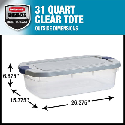 Rubbermaid Roughneck Clear 31 Qt/ 7.75 Gal Storage Containers, Pack of 6 with Snap-Fit Grey Lids, Visible Base, Sturdy and Stackable, Great for Storage and Organization