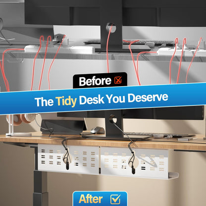 2 Pack Cable Management Under Desk White, Cinati 32" Large Cable Management Tray, Under Desk Alloy Steel Wire Organizers, Cord Hider Tray for Office and Home - Tape or Screw Installation