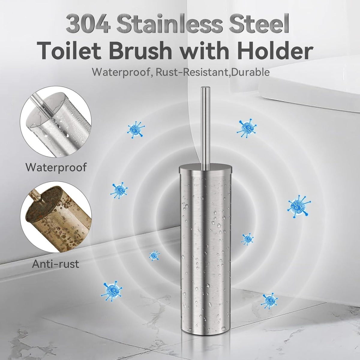 DOWRY Stainless Steel Freestanding Toilet Bowl Brush and Holder with Long Handle for Bathroom Storage Organization,Sturdy Deep Cleaning Toilet Bowl Cleaner,Nickel Round