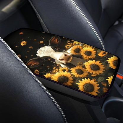 Cow Sunflower Print Armrest Cushion Cover for Car Neoprene Car Center Console Cushion Pad Non Slip Decorative Armrest Seat Box Cover for SUV Truck Sedan