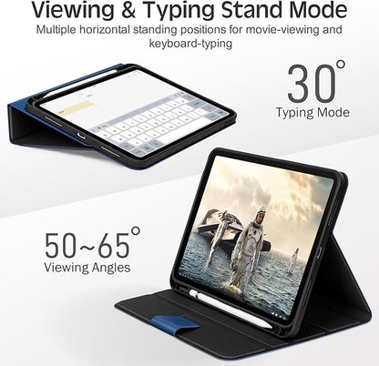 KingBlanc Case for iPad (A16) 11th Generation 11-inch 2025, iPad 10th Generation 10.9" 2022 with Pencil Holder, Vegan Leather Protective Stand Cover, Auto Sleep Wake, Multi-Angle Viewing/Typing, Blue