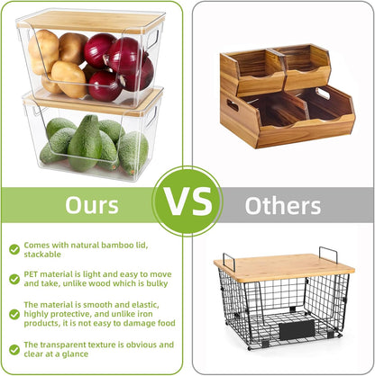 Pantry Organizers and Storage, Stackable Plastic Pantry Organizer with Lid & Handle for Kitchen Counter, Fridge for Fruit, Potato, Onion, Vegetable, 3 Set (Clear - 2 Large Bin & 1 Medium Bin)