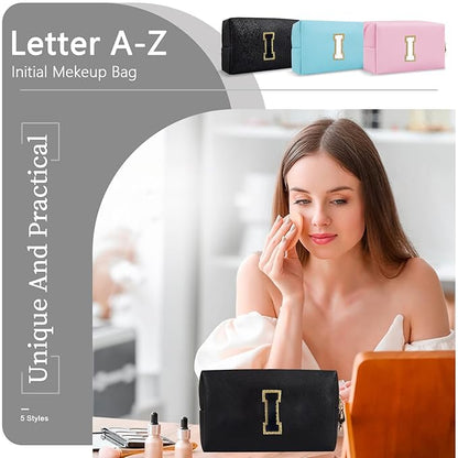 Personalized Initial A-Z Preppy Patch Makeup Bag,Small PU Chenille Letter Cosmetic Bag with Zipper for Teen Girls,Black Cute Toiletry Organizer Bag,Monogram Makeup Case Gift for Women Girls,Letter I