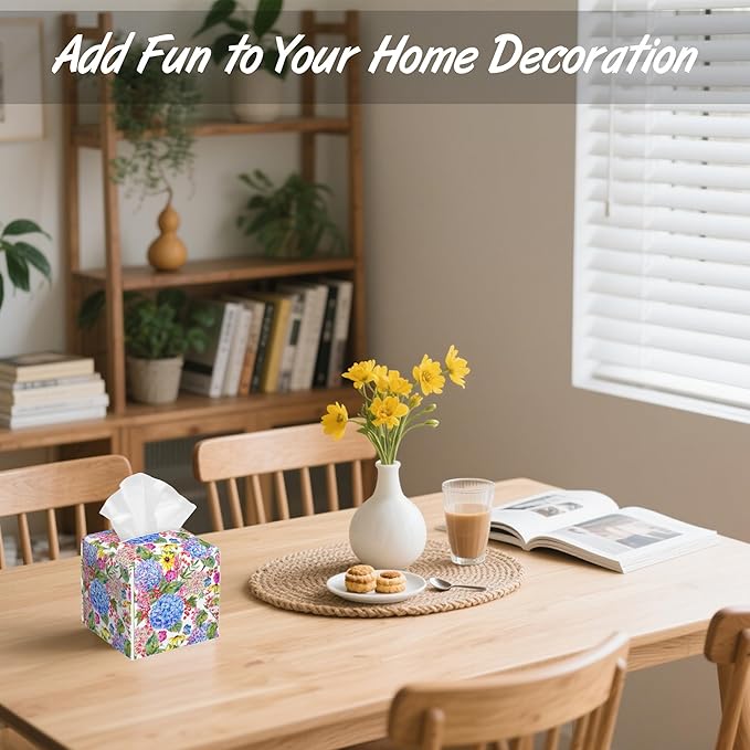 Summer Blooming Floral Tissue Box Cover,Hydrangea PU Leather Tissue Box Holder Square,Modern Home Decoration for Bathroom Living Room Kitchen Office Car,5.2"×5.2"×5.2"