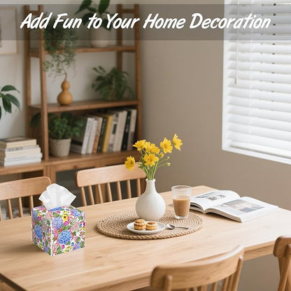 Summer Blooming Floral Tissue Box Cover,Hydrangea PU Leather Tissue Box Holder Square,Modern Home Decoration for Bathroom Living Room Kitchen Office Car,5.2"×5.2"×5.2"