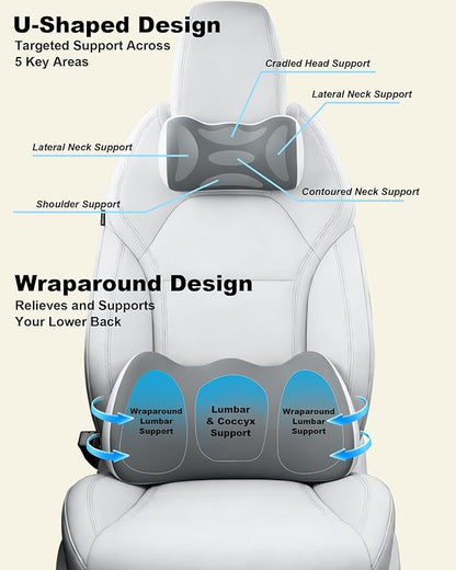 Car Lumbar Support and Neck Support Headrest Pillow Kit, Ergonomic Memory Foam Cushion for Sciatica & Tailbone Pain Relief – Fits Car Seat, Office Chair & Wheelchair