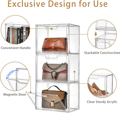 3 Pack Clear Storage Bins with Lids, Storage Containers with Magnetic Door, Stackable Acrylic Display Case for Handbags, Cosmetic, Multifunctional Storage Boxes for Dorm, Living Room, Bedroom Storage