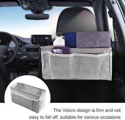 Car Seat Back Organizer, Linen Hanging Self-Adhesive Vehicle Backseat Storage Bag with Multiple Pockets, Auto Caddy for Book Water Bottle Holder, Universal for SUV, Truck, Van (Light Gray)