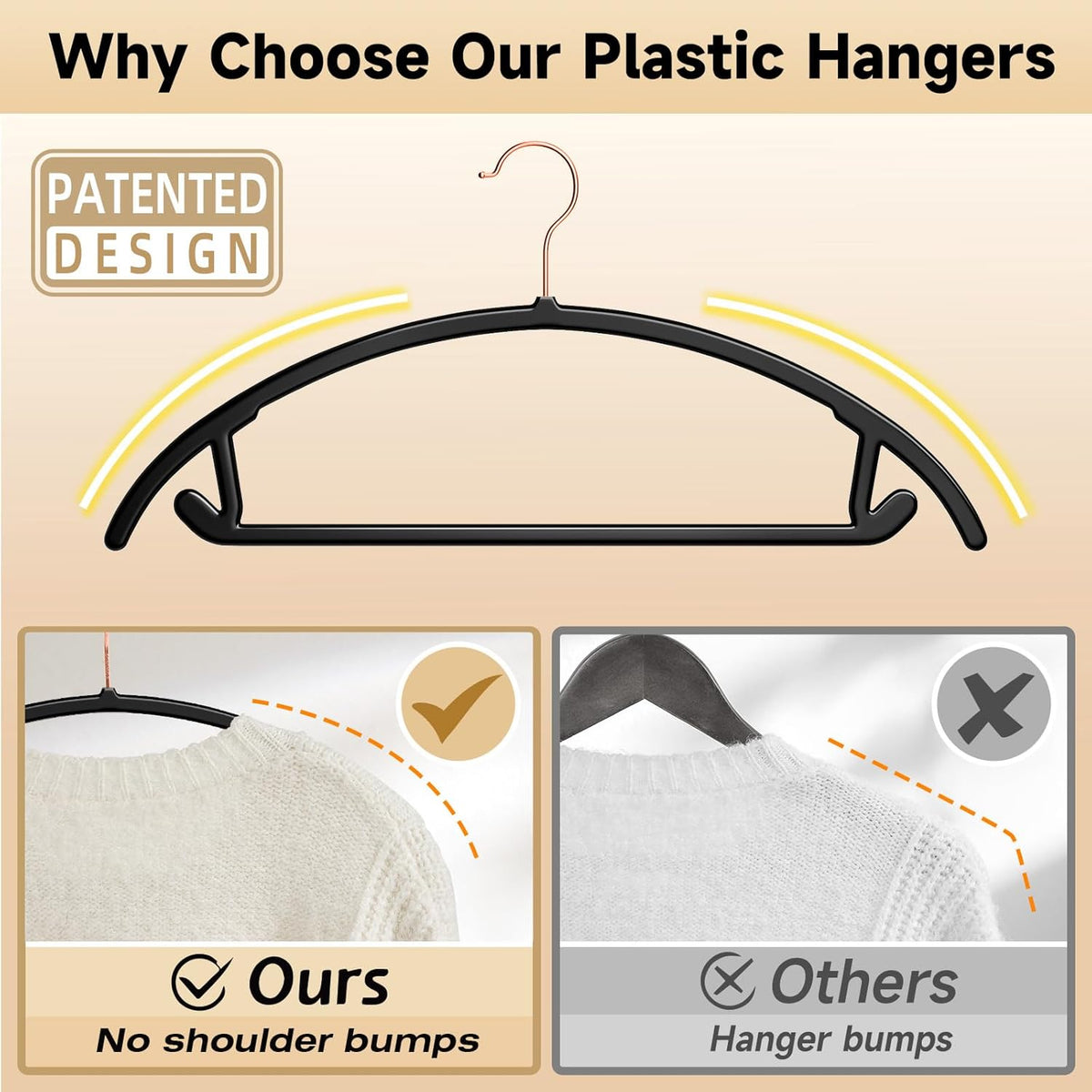 MIZGI Premium Plastic Hangers (Pack of 50) Heavyduty- Black No Shoulder Bump Suit Hangers - Space Saving Clothes,Rounded Hanger for Coat,Sweater,Jackets,Pants