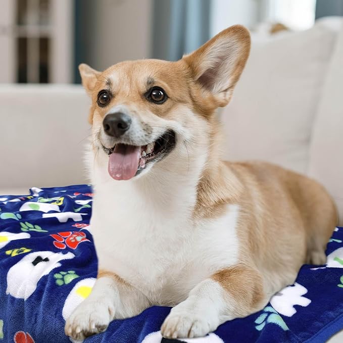 Rezutan 1 Pack 3 Dog Blanket for Large Dogs,41x31 inch for Medium Soft Fluffy Washable Pet Cat Blankets,Reversible Elephant & Paw Print for Dog Kennels & Beds, Sofas, Blue