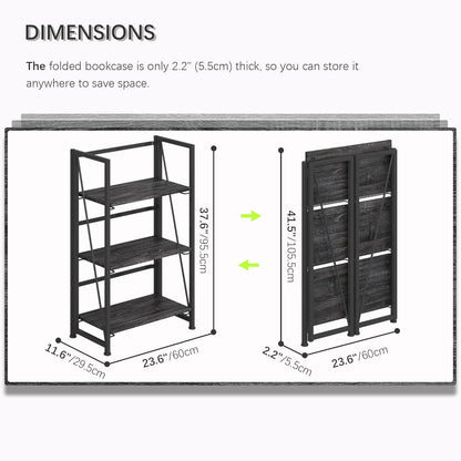 4NM No Assembly Folding Bookshelf Storage Shelves 3 Tiers Vintage Bookcase Standing Racks Study Organizer Home Office (Gray Black)