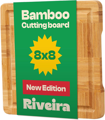 Riveira Bamboo End Grain Wood Cutting Board – Gourmet Bamboo Grandeur: 8 x 8 Wooden Cutting Board – Wooden Cutting Boards For Kitchen Decorative – Innovative Juice Grooves