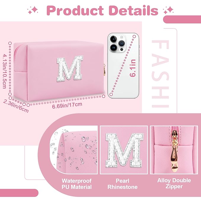 ChaoGreat Bride Gifts – Personalized Initial Makeup Bag with Pearl Rhinestone Patch, Preppy Pink Monogram Cosmetic/Toiletry Pouch, bridesmaid Gifts, Bridal Shower Gifts, Wedding Gifts, Bridal Gifts,M