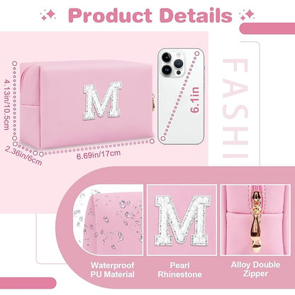 ChaoGreat Bride Gifts – Personalized Initial Makeup Bag with Pearl Rhinestone Patch, Preppy Pink Monogram Cosmetic/Toiletry Pouch, bridesmaid Gifts, Bridal Shower Gifts, Wedding Gifts, Bridal Gifts,M