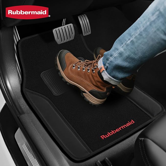 Rubbermaid Car Mats, Carpeted Floor Car Mat with Faux Leather & Built-in Heel Pad, Two-Tone Car Rug Floor Mats, Stylish Carpeted Floor Mats for Cars, Trucks & SUVs Black Color