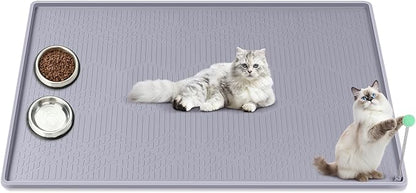 Bartuke Cat Food Mat with Toy Ball, 38'' x 25'' Extra Large Silicone Pet Feeding Mat with Raised Edge Pet Placemat for Food and Water Bowl Non-Slip, Easy to Clean, Floor Protection (Grey)