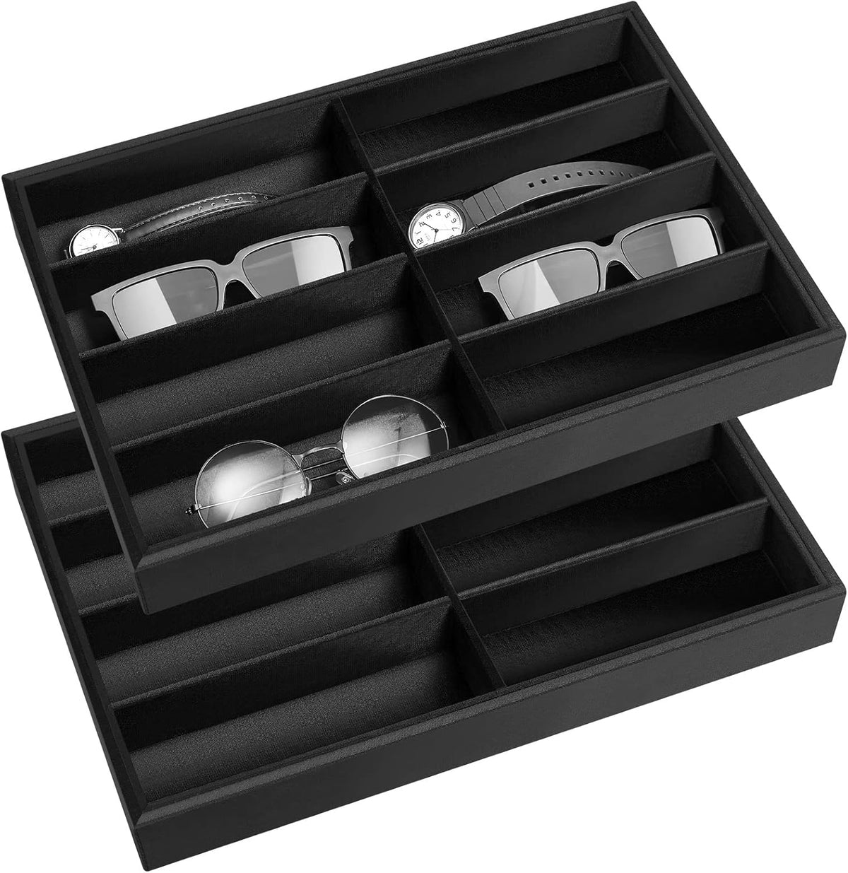 Amylove 2 Pcs Sunglass Organizer Trays Glasses Stackable Jewelry Trays Sunglass Organizer Display Box(8 Grids,Black)