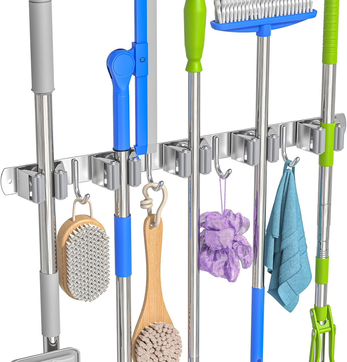 Broom Holder Wall Mount, Mop and Broom Organizer Broom Hanger Storage Tool Utility Racks Stainless Steel Wall Hooks Solid Mop Rack for Home Kitchen Garden Laundry Garage (5 Racks 4 Hooks)