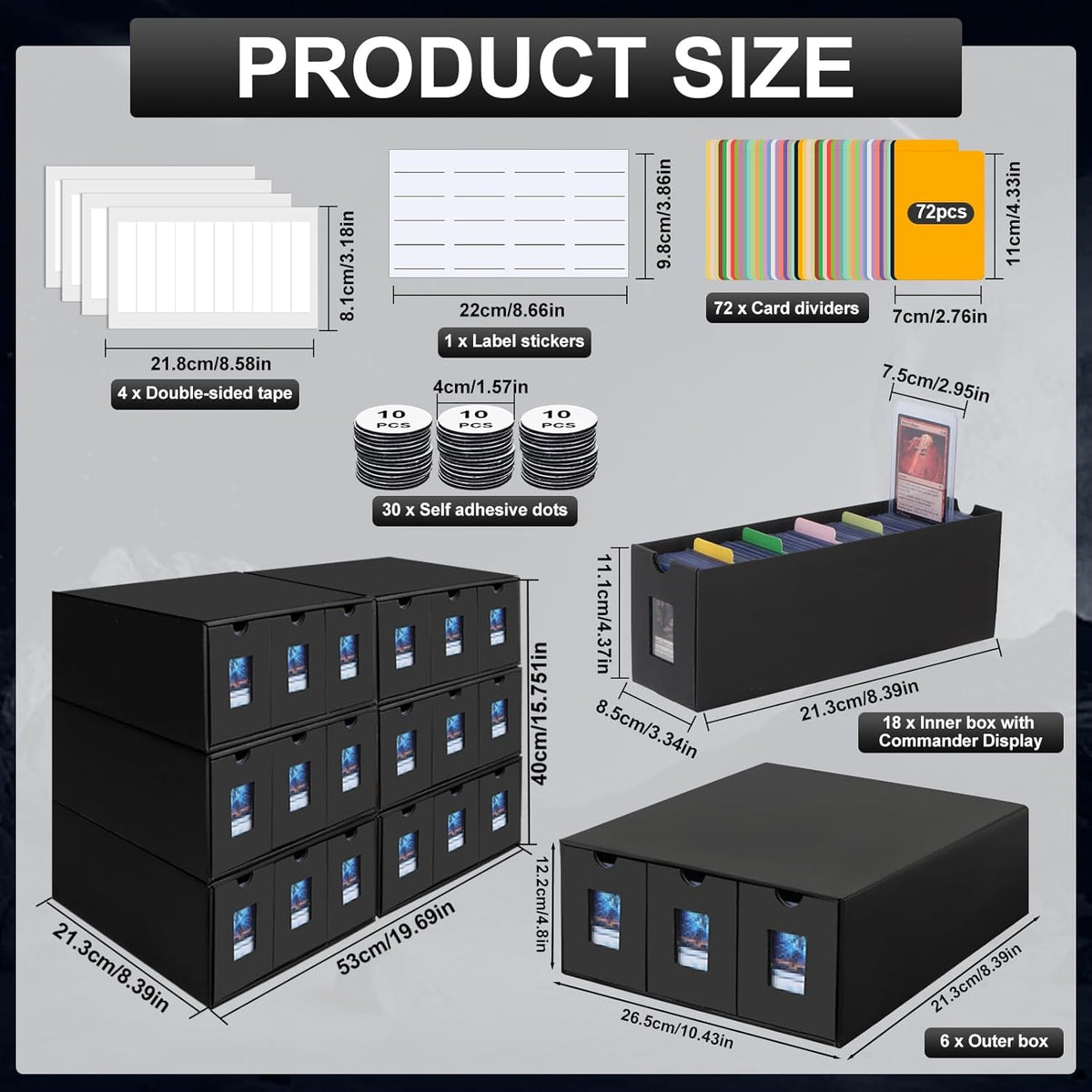 10800+ Card Storage Box, 2000+ Toploader Storage Box for Commander Display,with 72 Dividers, Labels & Tapes,Fit for TCG, PTCG, MTG